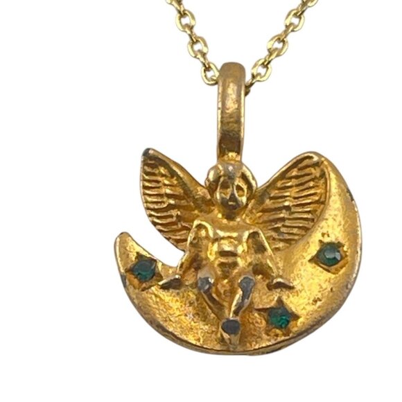 Vintage Gold-Tone Angel Pendant Necklace With Green Accents On 16" Chain - Picture 1 of 6
